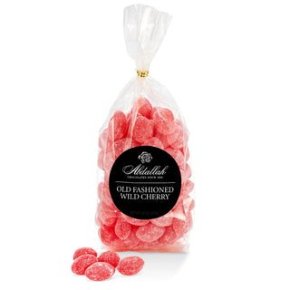Abdallah Wild Cherry Drops in clear cellophane bag with gold twist tie and vintage black label