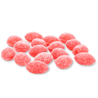 Close-up of red sanded sugar coated wild cherry candy drops showing granular texture