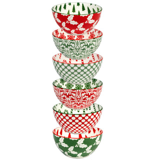 Stack of 6 Christmas ceramic bowls in red and green holiday patterns
