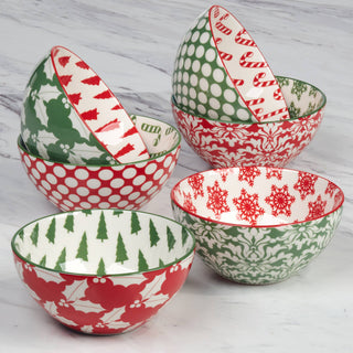 Certified International Winter Medley Christmas bowls set with festive red and green holiday patterns