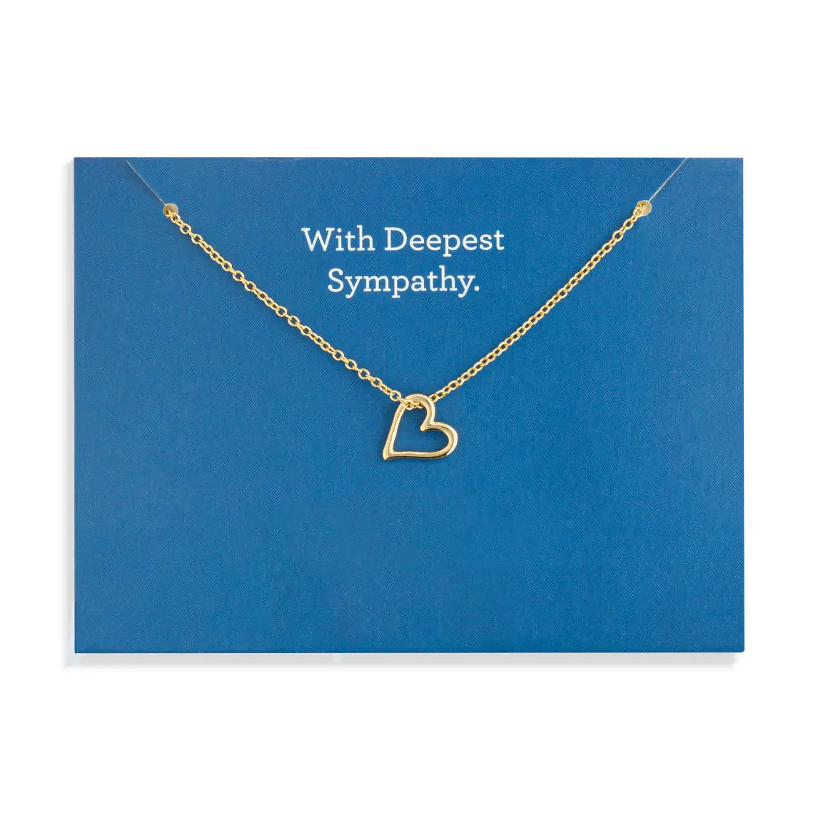 Gold heart necklace on a blue card with 'With Deepest Sympathy' text