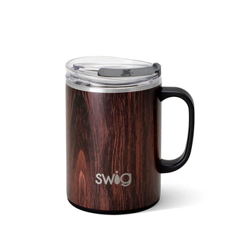 Swig 24oz insulated travel mug with dark wood grain print, black handle, and clear lid