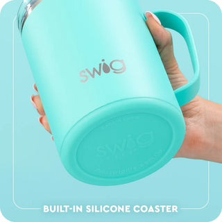 Swig 24oz aqua camper mug showing built-in silicone coaster on bottom