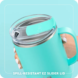 Swig 24oz teal camper mug with handle and spill-resistant EZ slider lid