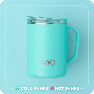 Swig 24oz aqua teal insulated camper mug with handle and clear slide lid