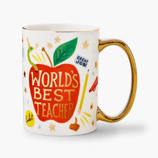 Mug with 'World's Best Teacher' design featuring an apple and gold handle