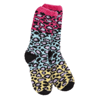 Multi leopard print crew socks with fuchsia cuff, teal midsection and yellow foot in plush high-pile texture