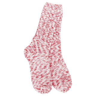 Heathered red and white marled yarn crew socks for cozy weekends