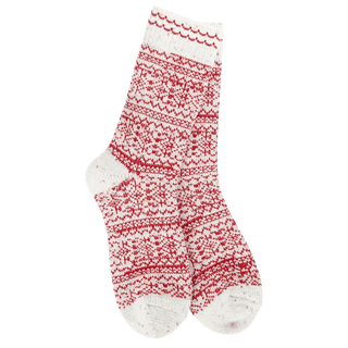 Red and white Nordic pattern ragg crew socks with snowflake motifs