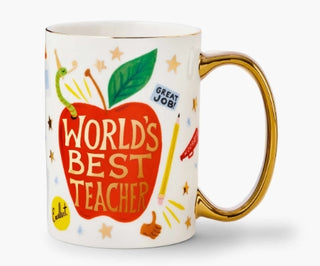 Mug with 'World's Best Teacher' design featuring an apple and gold handle