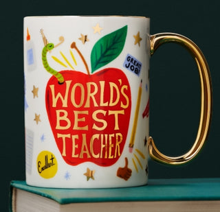 Mug with 'World's Best Teacher' text and apple design