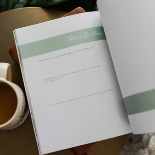 Worthy Bible Study journal open to Today's Questions page with sage green accents
