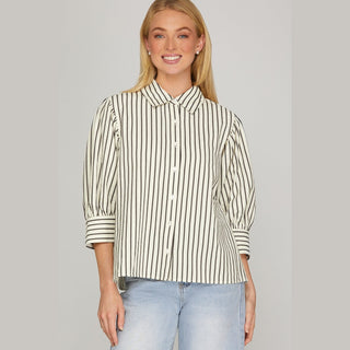 She + Sky Women's Tops Woven Striped Button Down Top