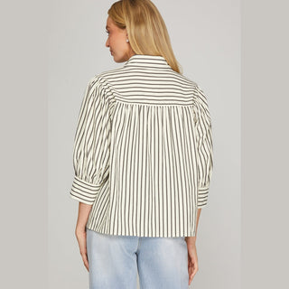 She + Sky Women's Tops Woven Striped Button Down Top