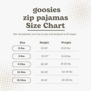Goosies zip pajamas size chart showing sizes 0-3m through 18-24m with height and weight ranges