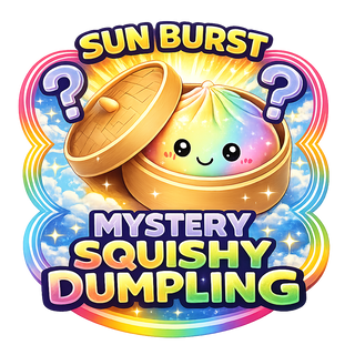 Sun Burst Mystery Squishy Dumpling toy in rainbow colors inside a bamboo steamer basket