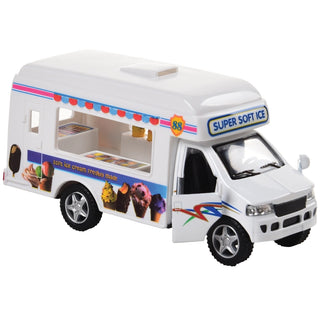 White die-cast toy ice cream truck with colorful decals and open serving window