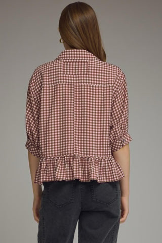 Maroon Gingham Top with Ruffle Hem