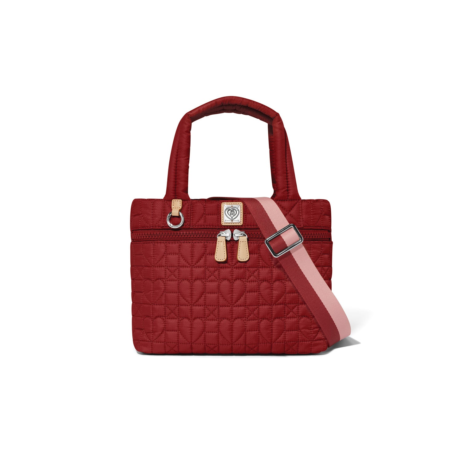 red heart quilted handbag with a strap and handle