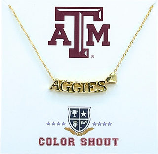 Gold necklace with 'AGGIES' pendant and Texas A&M logo 