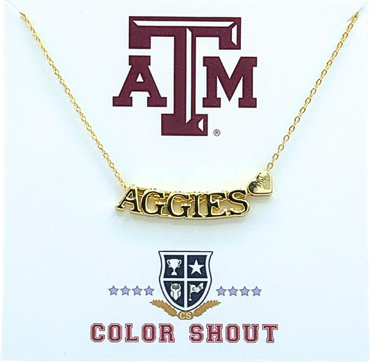 Gold necklace with 'AGGIES' pendant and Texas A&M logo 
