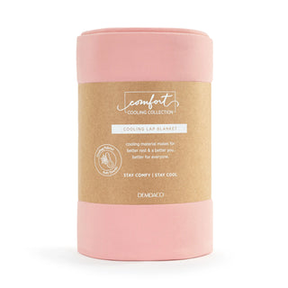 Demdaco Comfort Cooling Collection lap blanket rolled and packaged in coral pink with kraft paper band