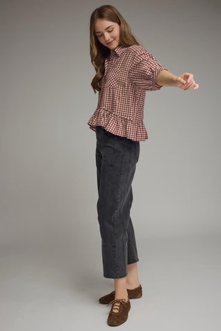 Maroon Gingham Top with Ruffle Hem