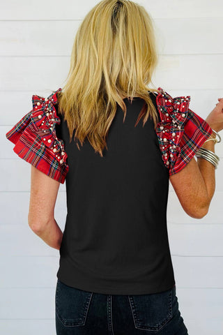 Babs + Birdie Women's Tops Plaid Pearl Ruffle Short Sleeve Blouse