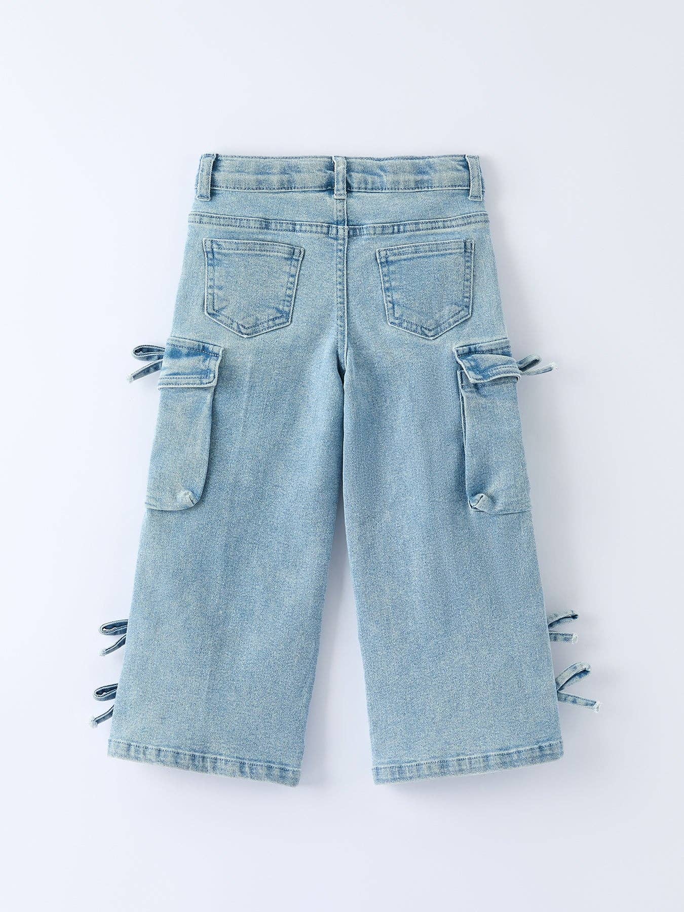 Light blue denim cargo pants with tie details