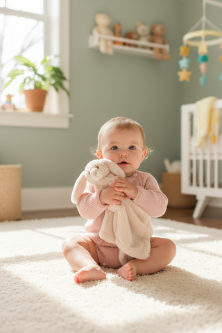 Baby holding soft plush bunny in nursery