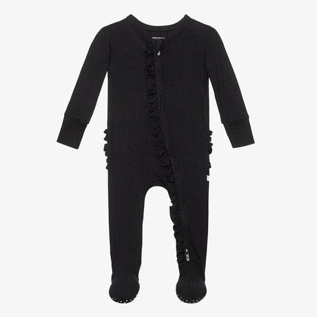 Footie Ruffled Zippered One Piece-Black