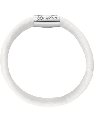 Brighton Woodstock white silicone bracelet with silver logo charm on white background