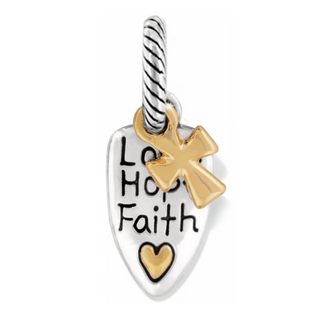 Brighton shield charm with Love Hope Faith text and gold cross accent on twisted cable bail