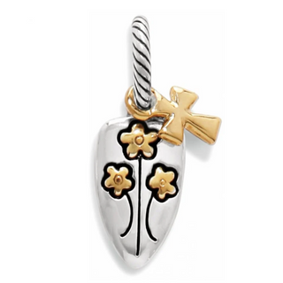 Brighton shield charm with silver base, gold cross and flowers on twisted chain bail