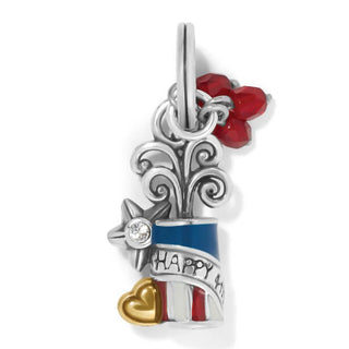 Brighton silver firecracker charm with red beads, blue and red enamel, and gold heart detail
