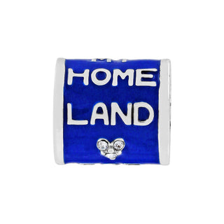 Brighton blue enamel charm bead with 'HOME LAND' text and crystal heart accent