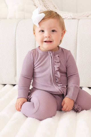 Amethyst Waffle Bamboo Ruffle Zipper Footie
