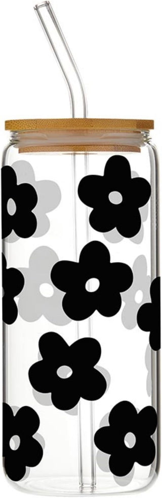 Creative Brands Drinkware Black Flowers Glass Tumbler