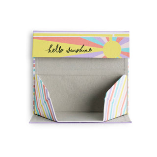 Open collapsible sunglass holder with Hello Sunshine sun design and multicolor rainbow stripes