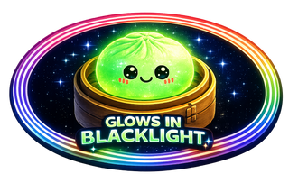 Glowing green kawaii dumpling in bamboo steamer basket with blacklight-reactive feature badge