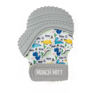 Malarkey Kids Munch Mitt baby teething mitten in gray with colorful dinosaur Roar print