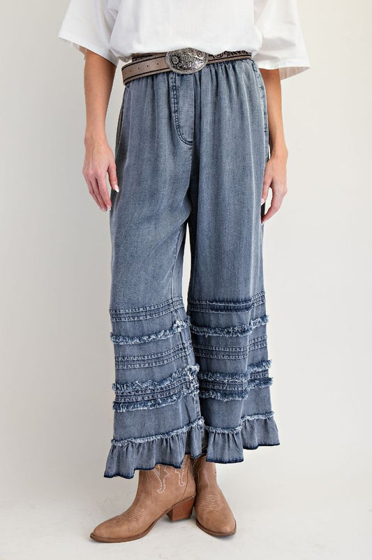 Denim Fray Ruffle Bottom Pants