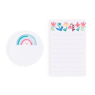 Rainbow circular sticky notepad and floral rectangular notepad set on white background