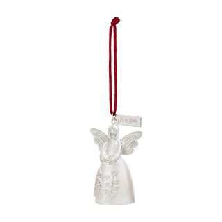 Demdaco silver metal angel bell ornament with wings, floral embossing, and red cord hanger