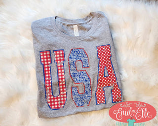 Enid and Elle Women's Tees USA Shirt | Preppy Patriotic USA Varsity Letter Graphic Tee