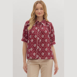 Entro Women's Tops Burgundy Floral Print Top