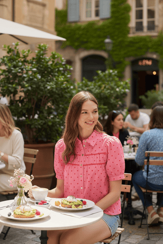 Entro Women's Tops Pink Dot Puff Sleeve Top