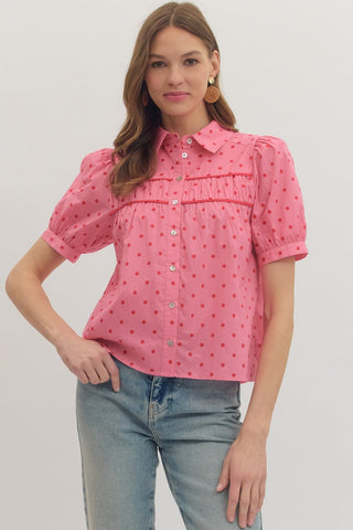 Entro Women's Tops Pink Dot Puff Sleeve Top