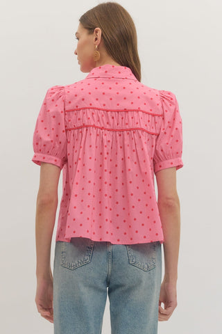 Entro Women's Tops Pink Dot Puff Sleeve Top