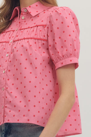 Entro Women's Tops Pink Dot Puff Sleeve Top